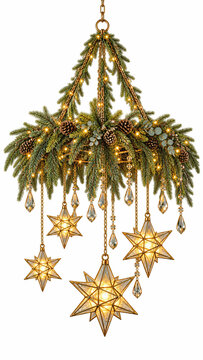 Christmas chandelier with glowing Moravian stars, pine branches and crystal pendants, 3D render with gold lights on isolated transparent background for festive holiday party design assets