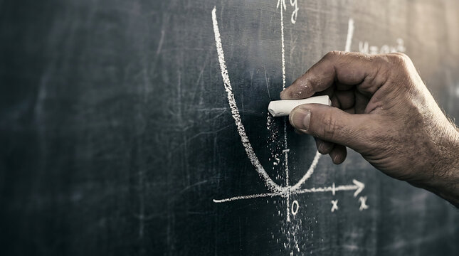 Teacher hand drawing mathematical parabola graph on chalkboard with chalk, concept of education, algebra lesson, Teacher's day celebration and academic learning.