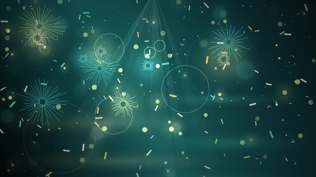 Abstract teal bokeh particles motion background, glowing party confetti animation video, festive holiday backdrop loop