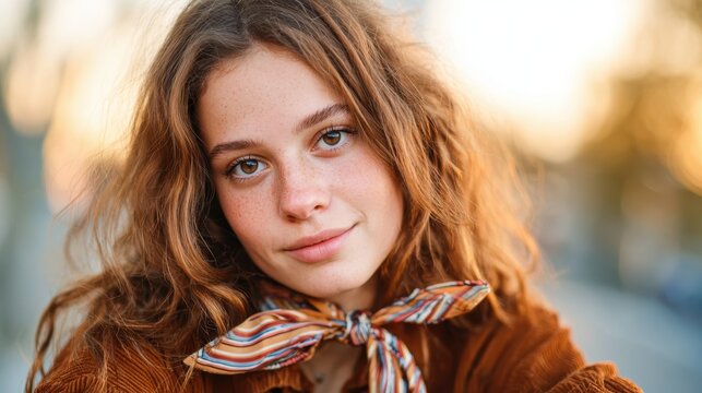 A lovely young woman with freckles and tousled hair poses charmingly, combining natural beauty with a stylish scarf and warm-colored clothing in an urban outdoor setting.