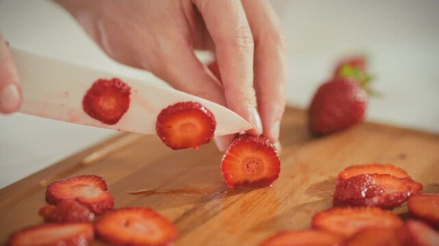 A man's hands thinly slice ripe red strawberries on a cutting board with a white ceramic knife in a bright kitchen. Juicy berries being prepared for dessert. Home cooking concept
