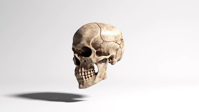 Floating human skull with visible cracks, casting an ominous shadow on a stark white background, a chilling representation of mortality and decay, rendered with striking detail and isolated for impact
