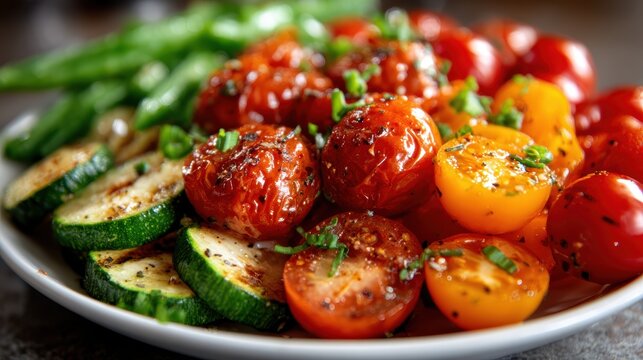 A beautifully plated dish featuring a mix of grilled vegetables and vibrant tomatoes, showcasing healthy eating with an artistic presentation that tantalizes the senses.