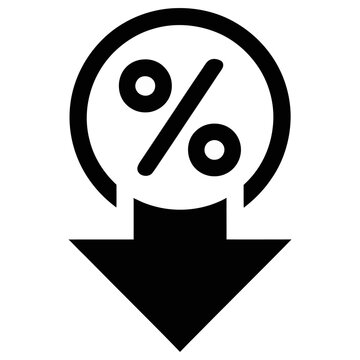 Black percent symbol inside a circle with a downward arrow representing price cut or discount rate