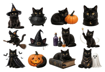 Fototapeta na wymiar PNG Halloween black cat collection with pumpkin and witch hats