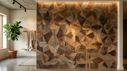 Obraz premium Unique Geometric Wood Panel Wall With Reclaimed Wood Textures Creating a Striking Interior Design Accent