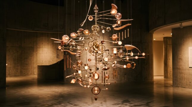 Intricate Brass Kinetic Sculpture Suspended in an Art Installation