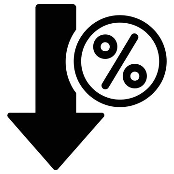 Black downward arrow and percent symbol icon representing financial drop and price discount