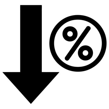 Black percentage drop icon with arrow pointing down symbolizing discount and price reduction