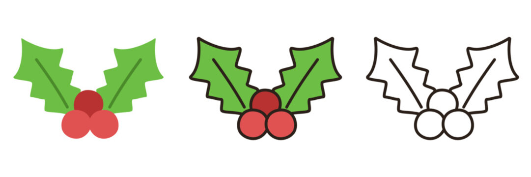 柊 クリスマス イラストアイコン 3種 (ゆるかわ シンプル ベクター)