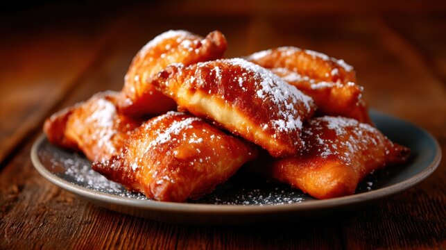 A plate piled high with golden-brown pastries dusted with powdered sugar, exuding warmth and tantalizing scents of sweetness, perfect for a comforting treat.