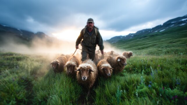A dedicated shepherd directs a flock of fluffy sheep across lush green fields, embodying the quintessential rural lifestyle and the bond between humans and animals.