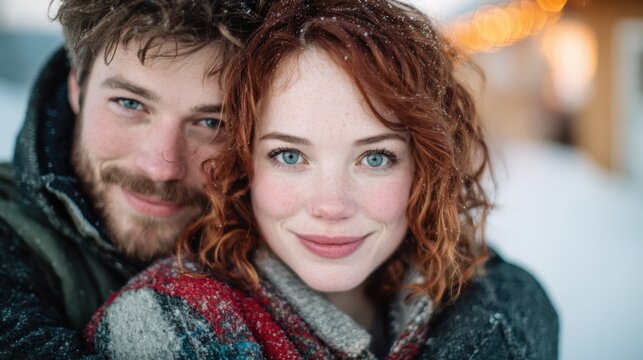 A lovely couple bundled up in warm clothes, smiling happily, surrounded by a serene snowy landscape showcasing their love and connection with nature in winter.