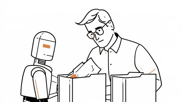 Operations specialist observes AI robot working at desk and notices it placing a document into the wrong folder in an office setting.