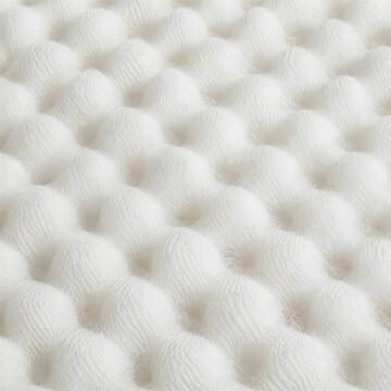 Photorealistic top-down view of eco-friendly packaging foam featuring repeating protective cells resembling bubbles; slightly textured matte surface.