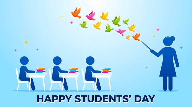 Happy Students Day Illustration with Teacher Releasing Colorful Birds