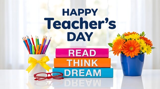 Happy Teacher's Day with Read Think Dream Message and Flowers