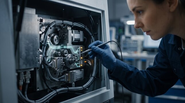 Photorealistic Close Up Of A Female Engineer Examining Complex Machinery