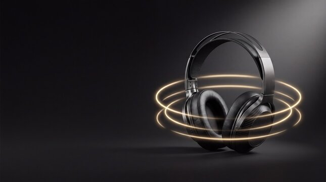 Commercial 3D e-commerce sale promotion banner for monitor headphones with soundwaves and ample copy space