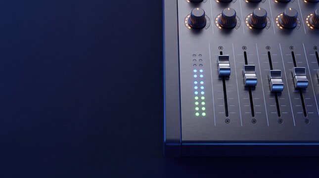 Commercial 3D e-commerce sale promotion banner featuring audio mixing fader console with copy space