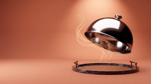 Promote gourmet dishes with a 3D e-commerce sale banner featuring a chrome cloche and empty space for custom text