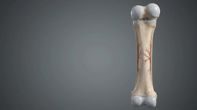Detailed 3D rendering of a human long bone with visible blood vessels and internal structure.
