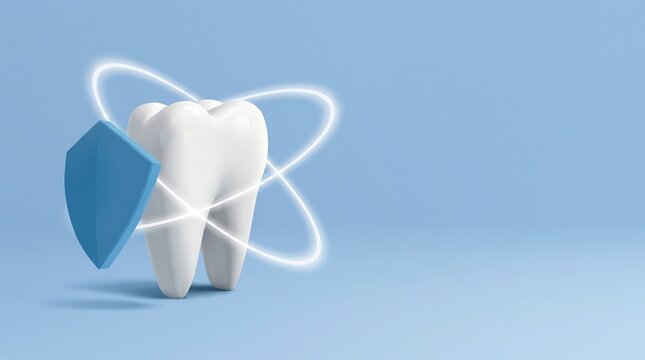 Tooth protected by shield and glowing rings symbolizing dental defense and strength.