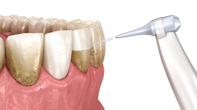 Airflow teeth cleaning procedure removing plaque from stained teeth in dental office.
