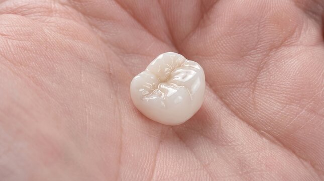 Single ceramic tooth crown held in hand for restorative dental treatment demonstration.