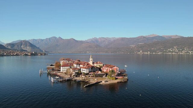 Aerial drone view of Isola dei Pescatori and the Borromean Islands on Lake Maggiore, northern Italy