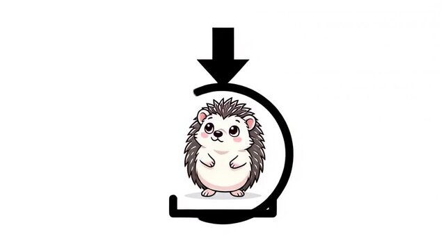 Cute cartoon hedgehog squishing down under a black arrow on white background