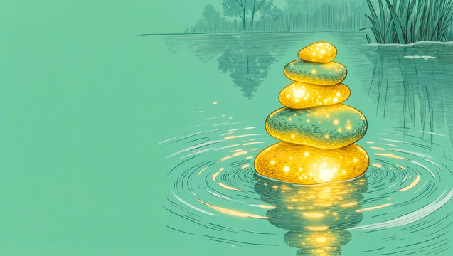 Illustration of glowing stones floating above still pond. Copy space