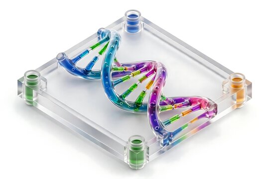  Microfluidic chip with DNA double helix shaped fluid channel rainbow colors