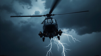 Fototapeta premium Black helicopter descending through storm clouds illuminated by lightning in turbulent night sky