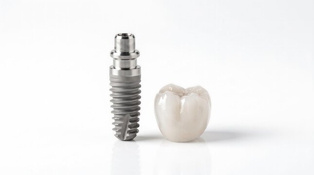 Dental implant and a ceramic tooth crown on a white background, symbolizing modern tooth replacement technology.