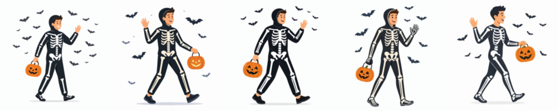 Vector illustration of a man walking while celebrating Halloween in a skeleton costume