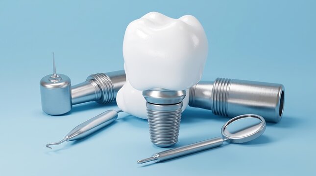 Dental implant with tools and tooth on blue background.