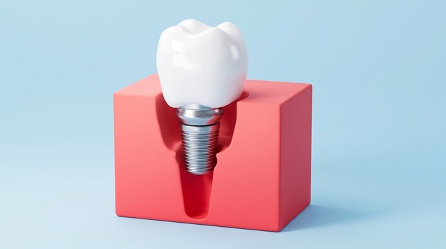 Dental implant and tooth shown inside a jawbone model on blue background.