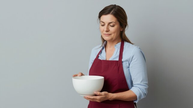 Mujer expresiva de mediana edad con delantal color burdeos, sosteniendo un bol vac&iacute;o