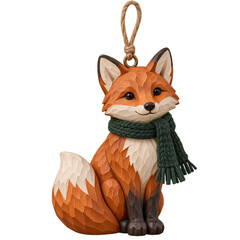 Obraz premium Carved wooden fox figurine wearing green scarf, isolated on transparent background. Woodcraft ornament, seasonal decoration, rustic home decor.