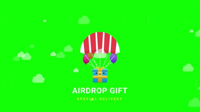 Cute Gift Box Airdrop with Parachute on Green Screen