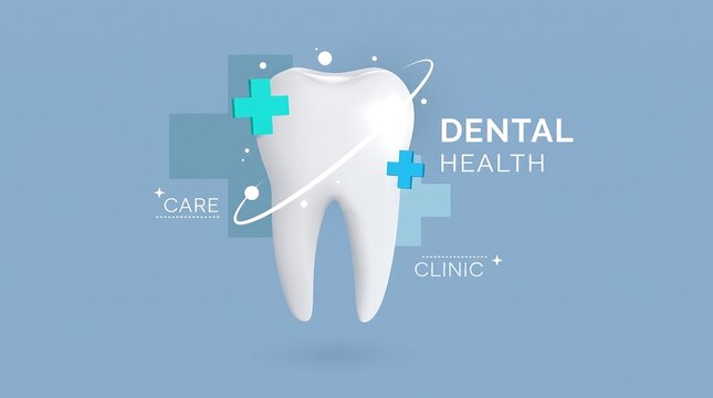 Dental health care icon composition with white tooth and medical signs on blue background.