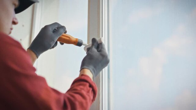 A specialist in gloves and uniform unscrews a plastic window handle with an orange screwdriver in a bright domestic setting. Concept of calling a technician for window handle repair and adjustment
