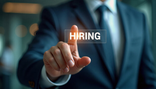Businessman pressing glowing virtual holographic hiring button. Human resources recruitment and job vacancy concept