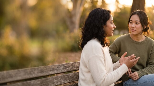 Two young women having a deep conversation while sitting on a park bench during sunset.