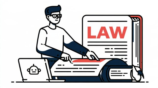 A lawyer analyzes an AI-generated legal document while referencing a law book, pointing out a highlighted contradiction in red.
