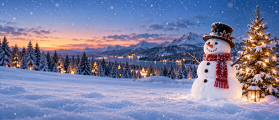 Fototapeta premium Snowman beside illuminated Christmas tree in snowy mountain village at dusk. New Year winter holiday greeting. Festive seasonal celebration and greeting card design. Snowy landscape.