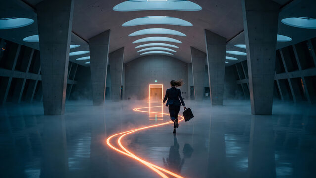 Businesswoman running through a futuristic architectural hall with a glowing light path