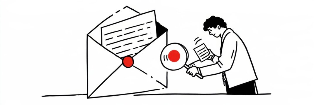 A news editor examines an AI-generated article with a magnifying glass and finds a red error before it goes into a large envelope.