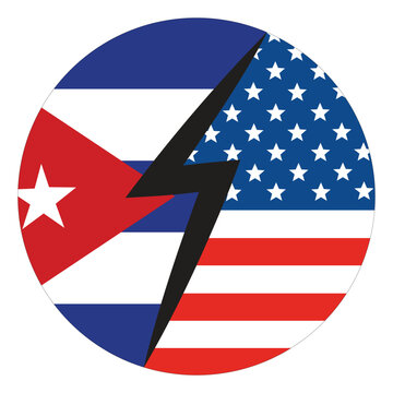 United States and Cuba Flags Divided by Lightning Bolt in Circular Competition Design